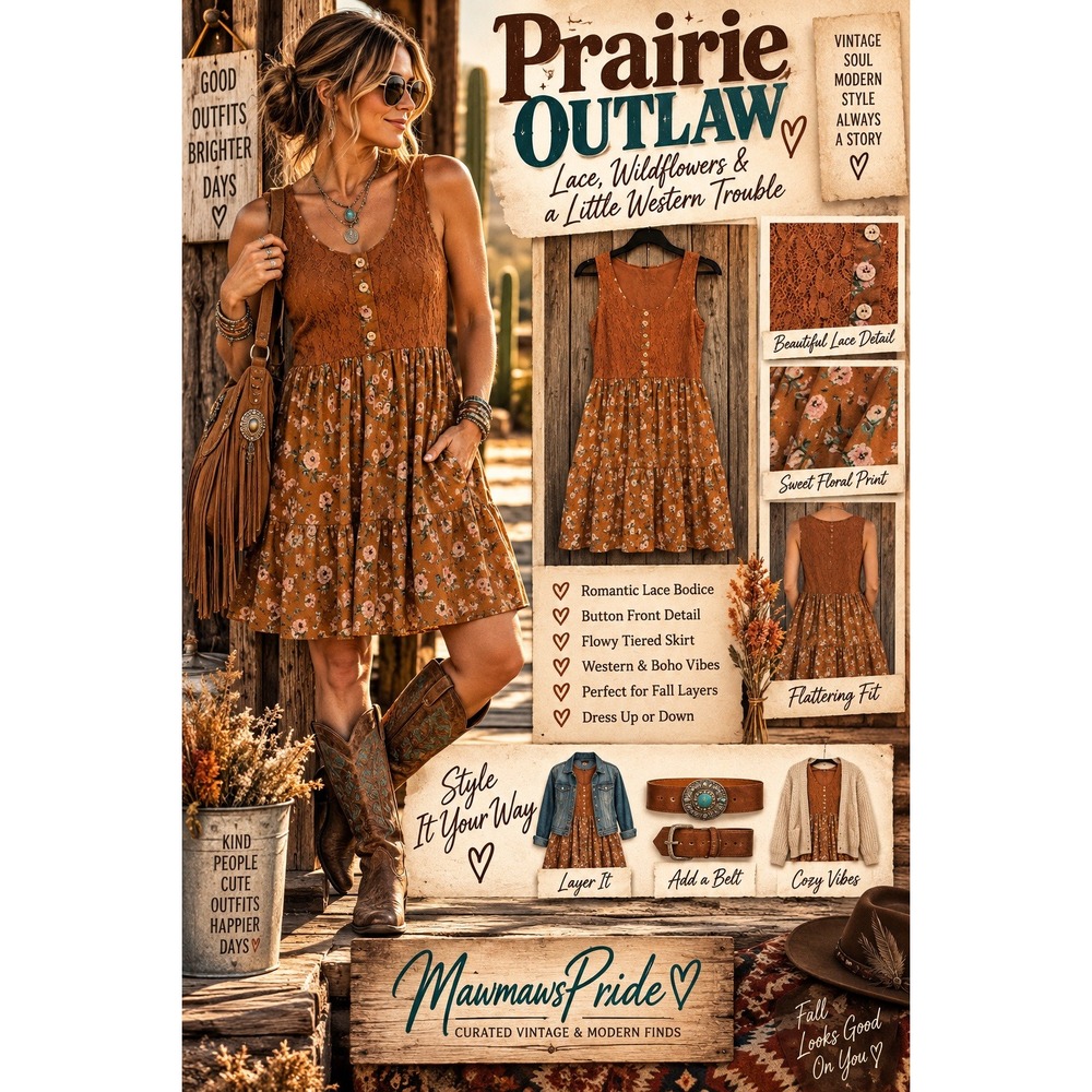 Zenana Burnt Orange Floral Lace Prairie Dress Boho Western Sleeveless XS